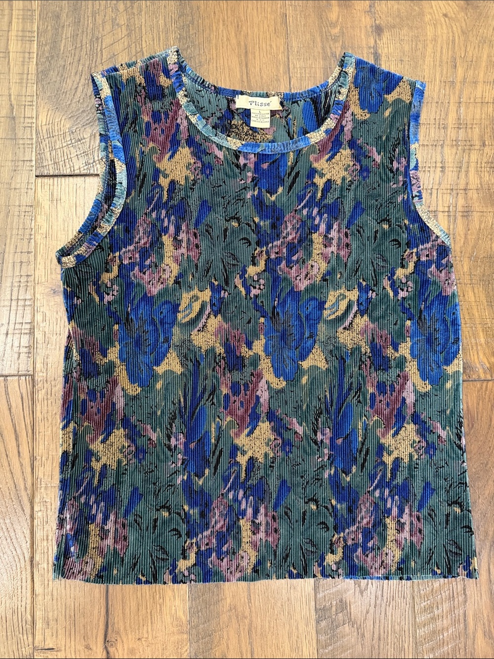 Pleated Floral Ribbed Tank Top - Green/Blue/Gold